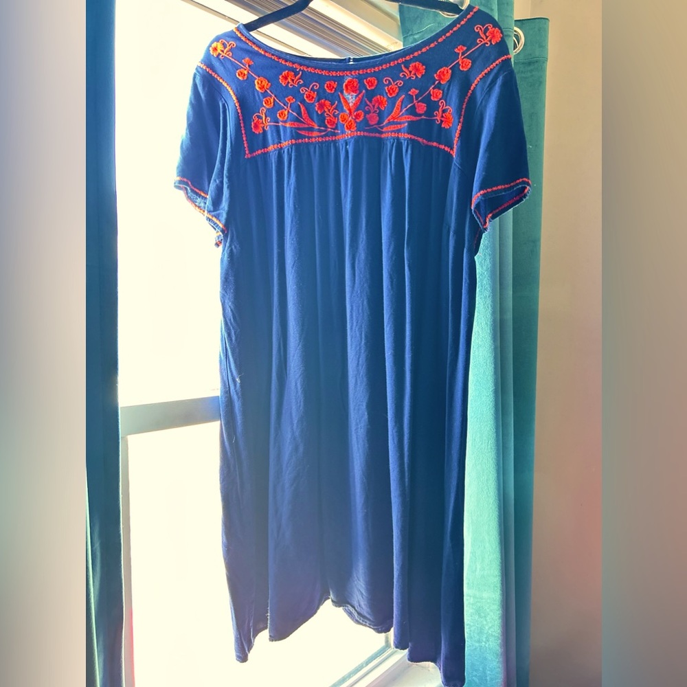 Boho Embroidered Shift, Keyhole back, Navy & Orange 🍊